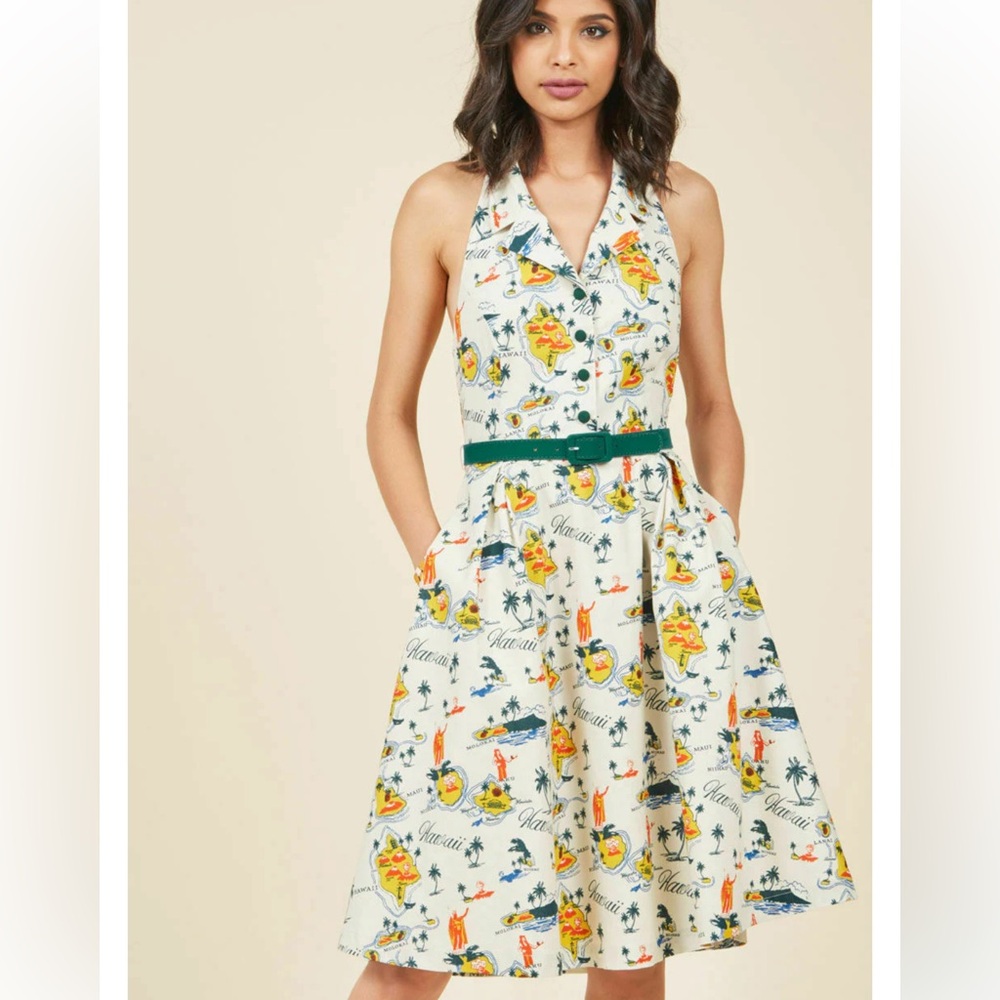 ModCloth Cream Hawaiian Print Halter Midi Dress with Green Belt